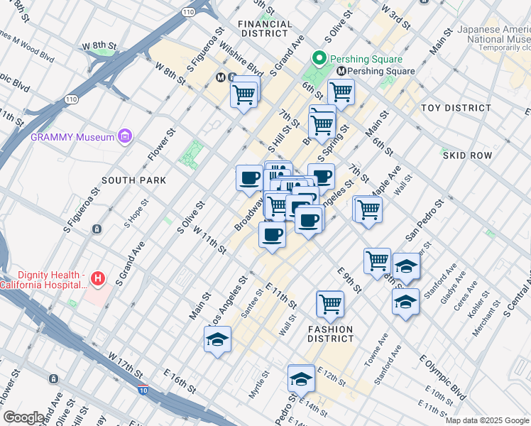 map of restaurants, bars, coffee shops, grocery stores, and more near 112 West 9th Street in Los Angeles