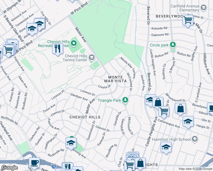 map of restaurants, bars, coffee shops, grocery stores, and more near 2771 Club Drive in Los Angeles