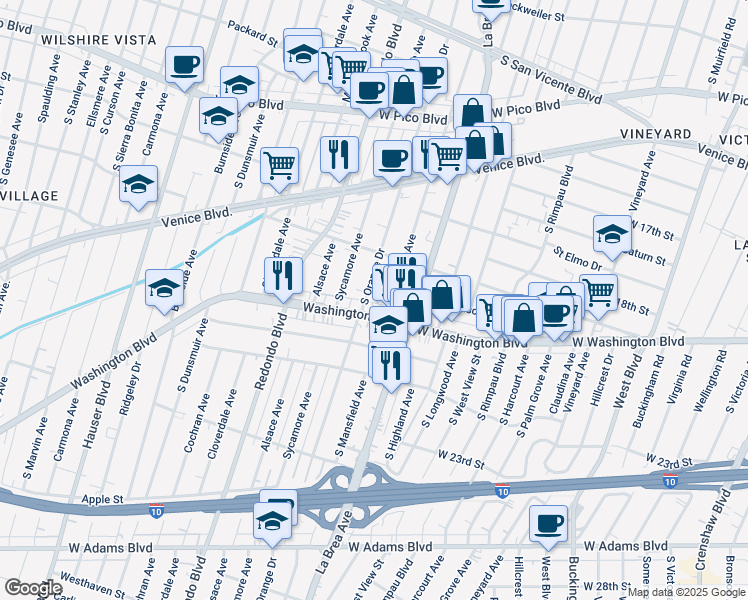 map of restaurants, bars, coffee shops, grocery stores, and more near 1858 South Orange Drive in Los Angeles