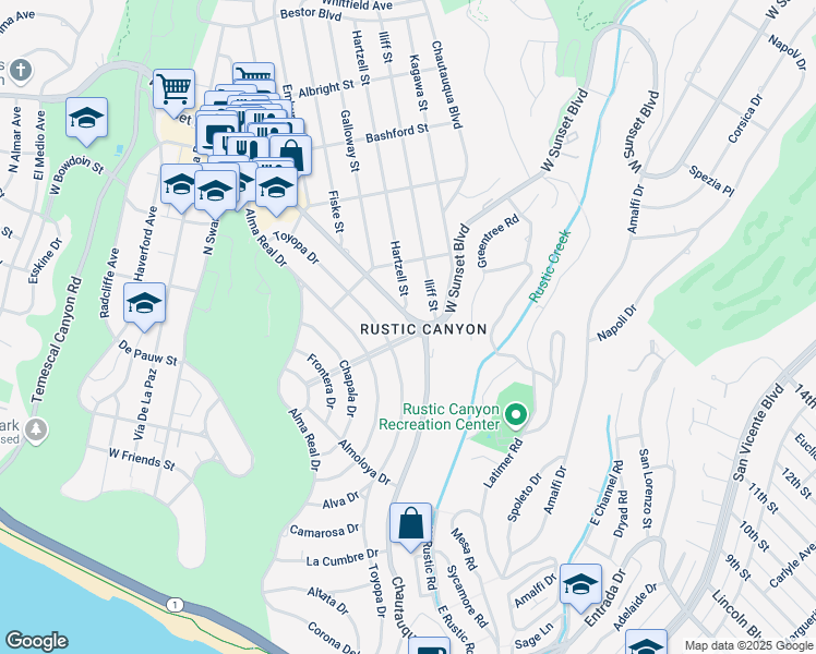 map of restaurants, bars, coffee shops, grocery stores, and more near 14801 Pampas Ricas Boulevard in Pacific Palisades
