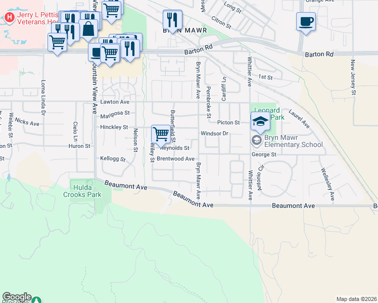 map of restaurants, bars, coffee shops, grocery stores, and more near 26070 Brentwood Avenue in Loma Linda