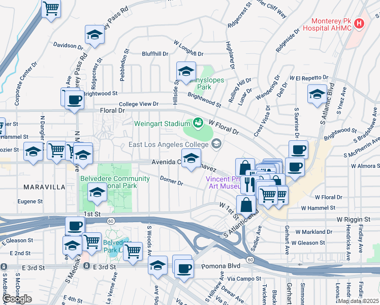 map of restaurants, bars, coffee shops, grocery stores, and more near 1719 Avenida Cesar Chavez in Monterey Park