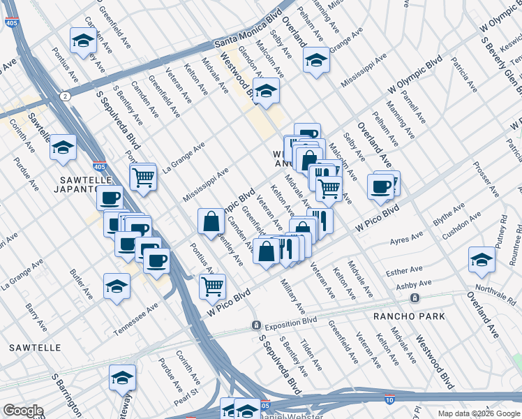map of restaurants, bars, coffee shops, grocery stores, and more near 2243 Veteran Avenue in Los Angeles