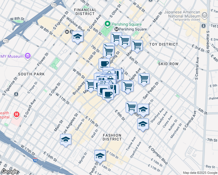 map of restaurants, bars, coffee shops, grocery stores, and more near 825 Santee Street in Los Angeles