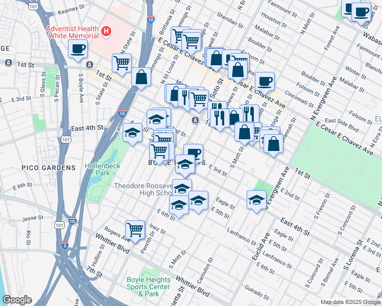 map of restaurants, bars, coffee shops, grocery stores, and more near 2422 East 3rd Street in Los Angeles
