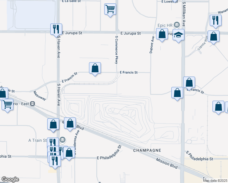 map of restaurants, bars, coffee shops, grocery stores, and more near 3510 East Francis Street in Ontario