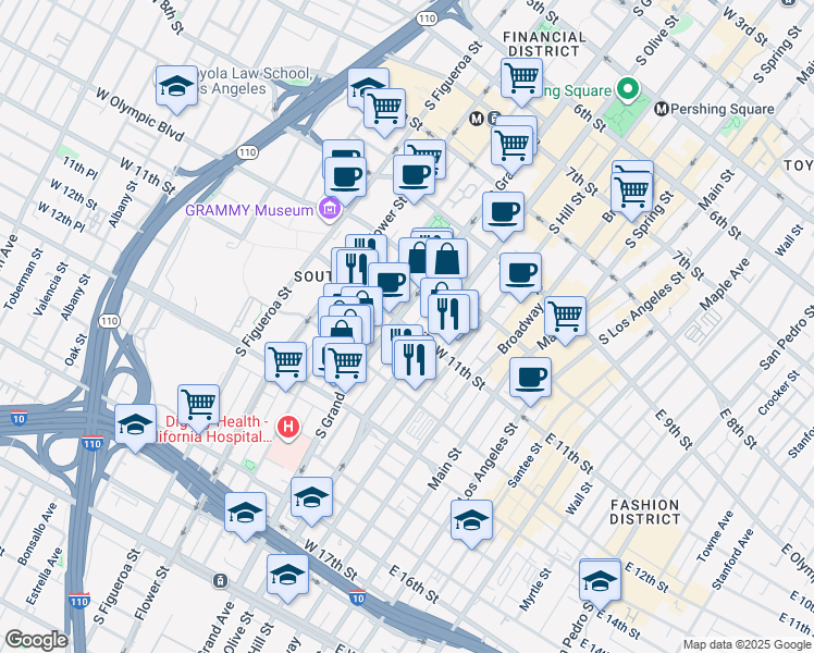 map of restaurants, bars, coffee shops, grocery stores, and more near 1105 South Olive Street in Los Angeles