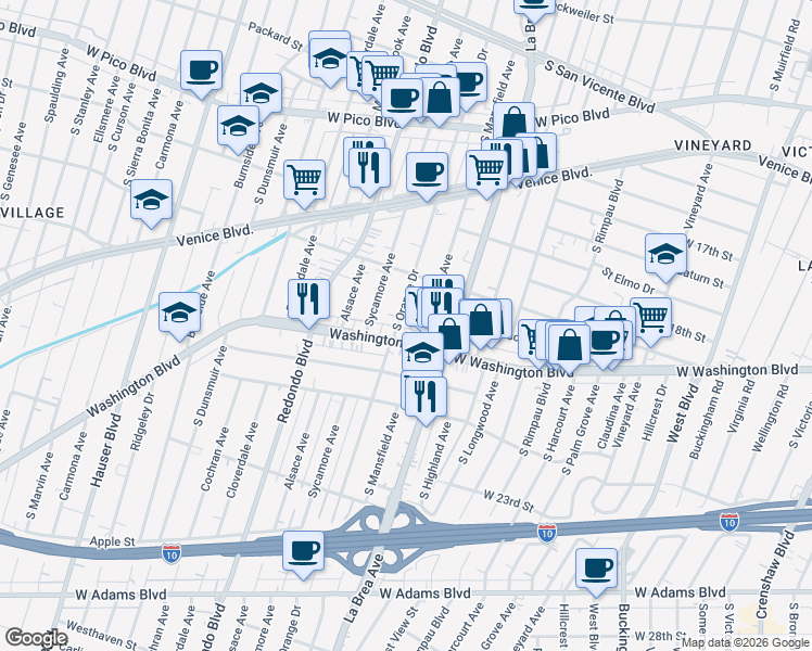 map of restaurants, bars, coffee shops, grocery stores, and more near 1858 South Orange Drive in Los Angeles