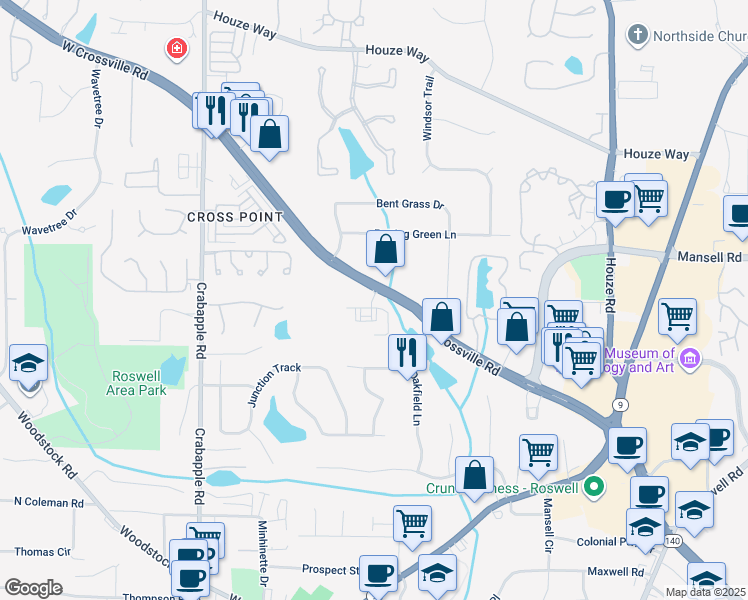 map of restaurants, bars, coffee shops, grocery stores, and more near 295 East Crossville Road in Roswell