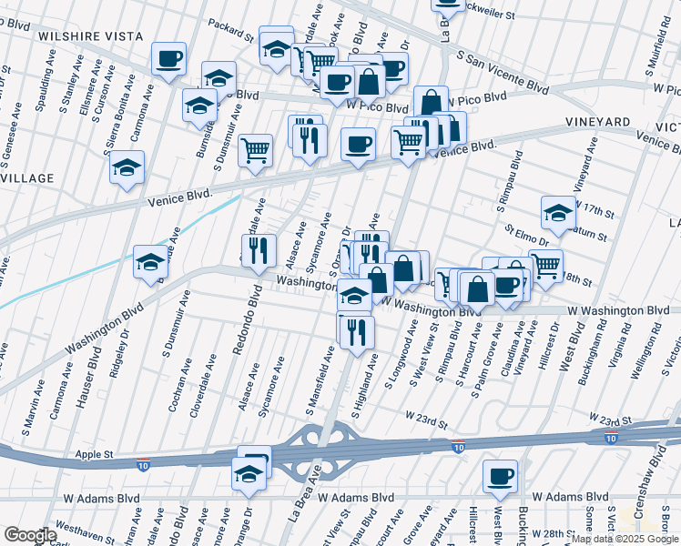 map of restaurants, bars, coffee shops, grocery stores, and more near 1858 South Orange Drive in Los Angeles