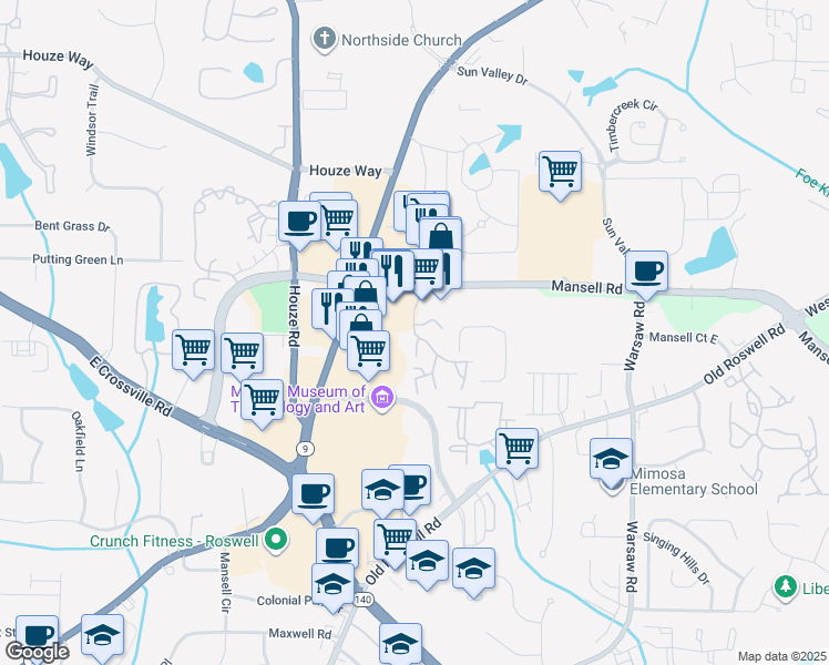 map of restaurants, bars, coffee shops, grocery stores, and more near 585 Eagles Crest Village Lane in Roswell
