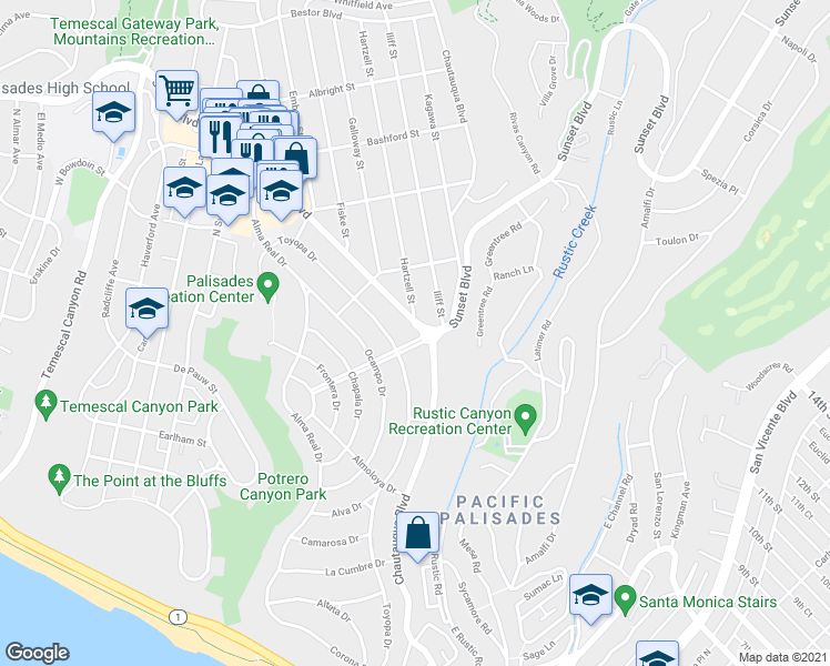 map of restaurants, bars, coffee shops, grocery stores, and more near 14801 Pampas Ricas Boulevard in Pacific Palisades