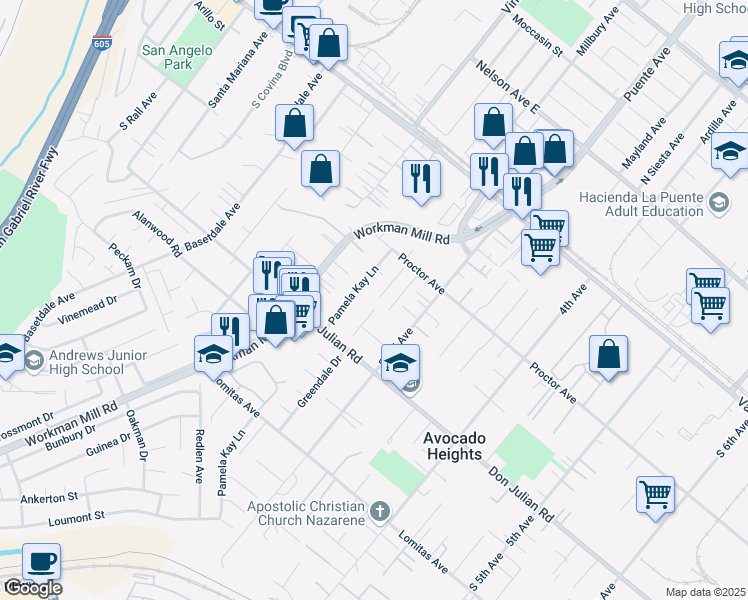 map of restaurants, bars, coffee shops, grocery stores, and more near 361 Greendale Drive in La Puente