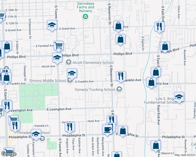map of restaurants, bars, coffee shops, grocery stores, and more near 1678 Lawrence Place in Pomona