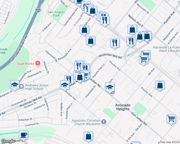 map of restaurants, bars, coffee shops, grocery stores, and more near 440 Workman Mill Road in La Puente