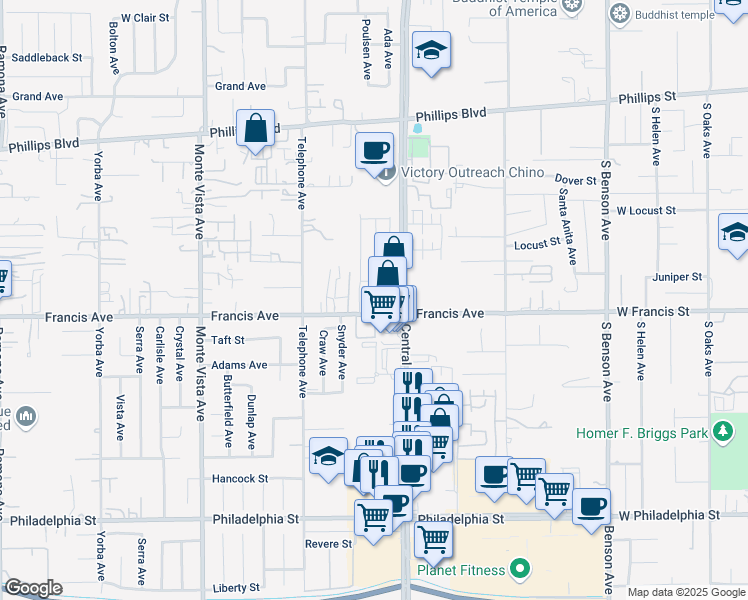 map of restaurants, bars, coffee shops, grocery stores, and more near 11688 Solaire Way in Chino