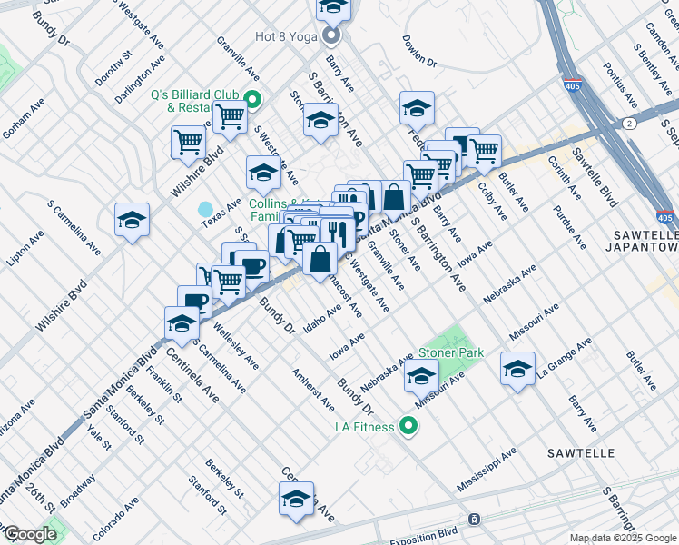 map of restaurants, bars, coffee shops, grocery stores, and more near 1526 Armacost Avenue in Los Angeles