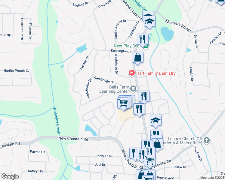 map of restaurants, bars, coffee shops, grocery stores, and more near 605 Coventry Drive in Marietta