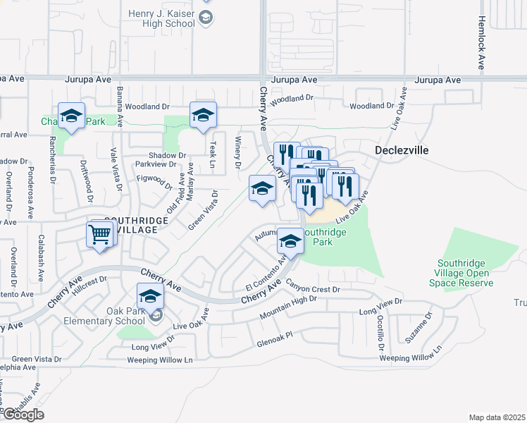 map of restaurants, bars, coffee shops, grocery stores, and more near 14500 Live Oak Avenue in Fontana