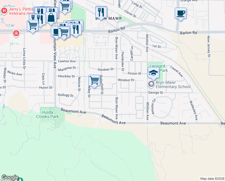 map of restaurants, bars, coffee shops, grocery stores, and more near 26061 Reynolds Street in Loma Linda