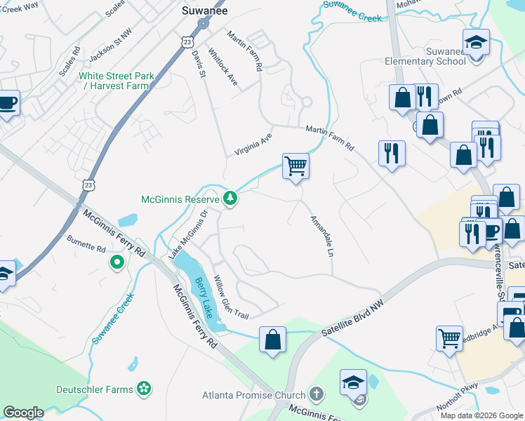 map of restaurants, bars, coffee shops, grocery stores, and more near 3665 Annandale Lane in Suwanee