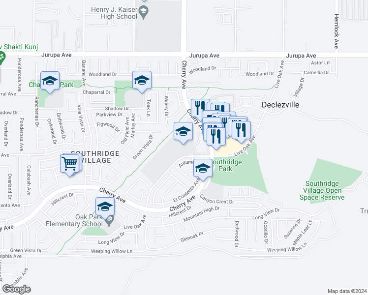 map of restaurants, bars, coffee shops, grocery stores, and more near 14500 Live Oak Avenue in Fontana