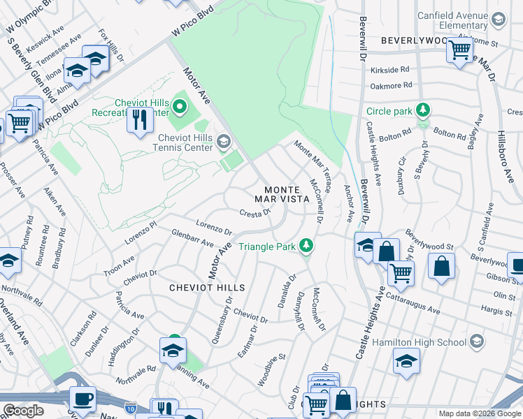 map of restaurants, bars, coffee shops, grocery stores, and more near 2771 Club Drive in Los Angeles