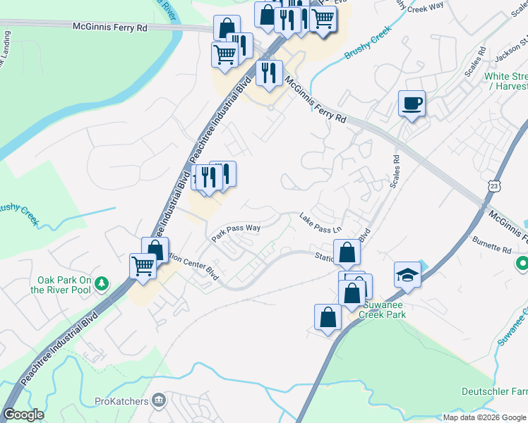 map of restaurants, bars, coffee shops, grocery stores, and more near 4130 Lake Pass Lane in Suwanee