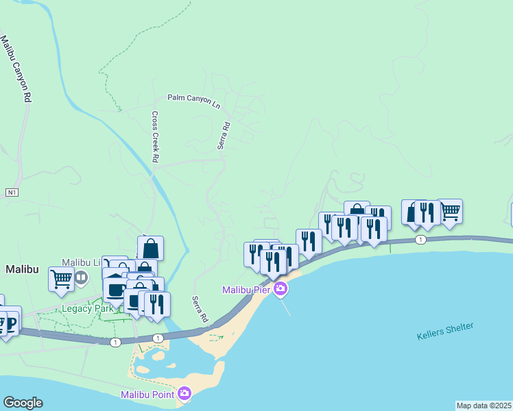 map of restaurants, bars, coffee shops, grocery stores, and more near 3415 Sweetwater Mesa Road in Malibu