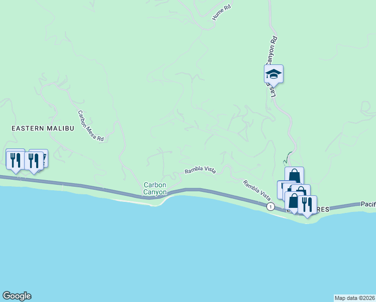 map of restaurants, bars, coffee shops, grocery stores, and more near 21607 Rambla Vista in Malibu