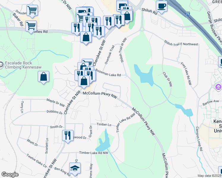 map of restaurants, bars, coffee shops, grocery stores, and more near 2010 Sand Wedge Circle in Kennesaw