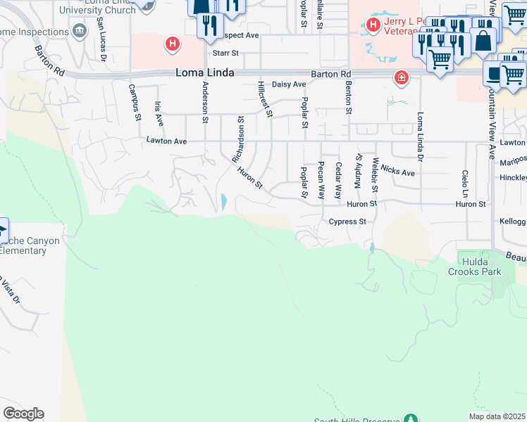 map of restaurants, bars, coffee shops, grocery stores, and more near 25051 Crestview Drive in Loma Linda