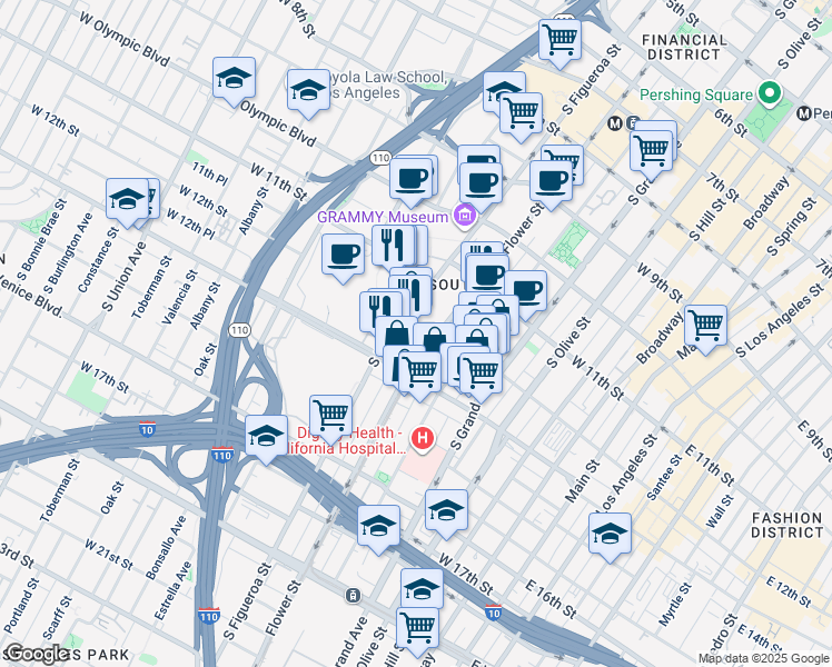 map of restaurants, bars, coffee shops, grocery stores, and more near 1200 South Figueroa Street in Los Angeles