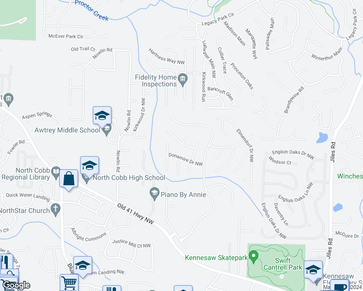 map of restaurants, bars, coffee shops, grocery stores, and more near 2859 Donamire Lane Northwest in Kennesaw