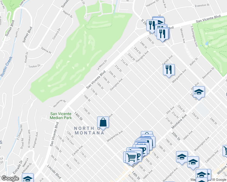 map of restaurants, bars, coffee shops, grocery stores, and more near 308 19th Street in Santa Monica