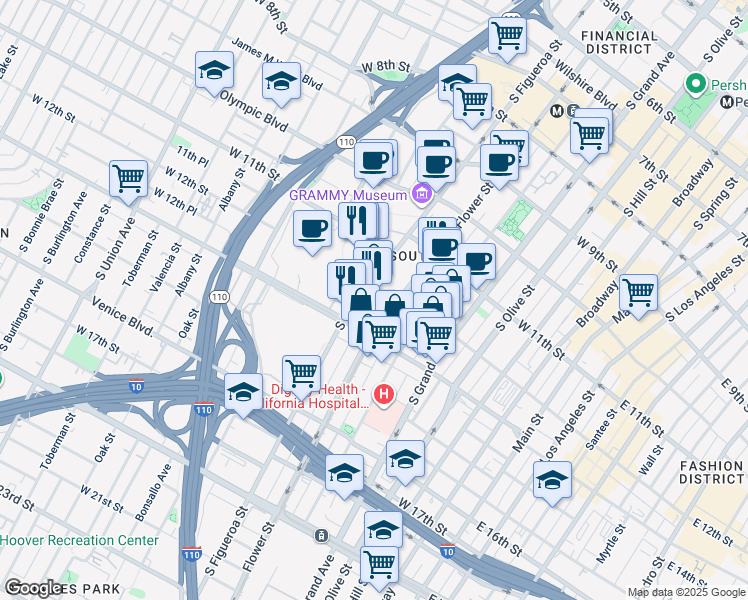 map of restaurants, bars, coffee shops, grocery stores, and more near 1200 South Figueroa Street in Los Angeles