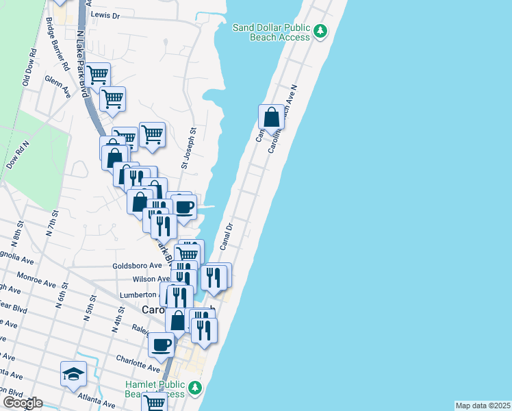 map of restaurants, bars, coffee shops, grocery stores, and more near 612 Carolina Beach Avenue North in Carolina Beach