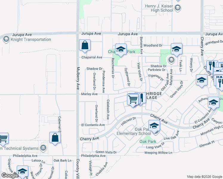 map of restaurants, bars, coffee shops, grocery stores, and more near 11670 Rancherias Drive in Fontana