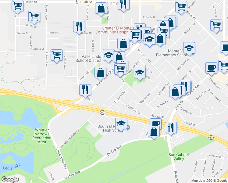 map of restaurants, bars, coffee shops, grocery stores, and more near 1227 Esteban Torres Drive in South El Monte