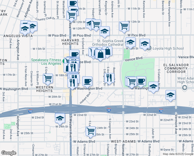 map of restaurants, bars, coffee shops, grocery stores, and more near 1810 South Hobart Boulevard in Los Angeles