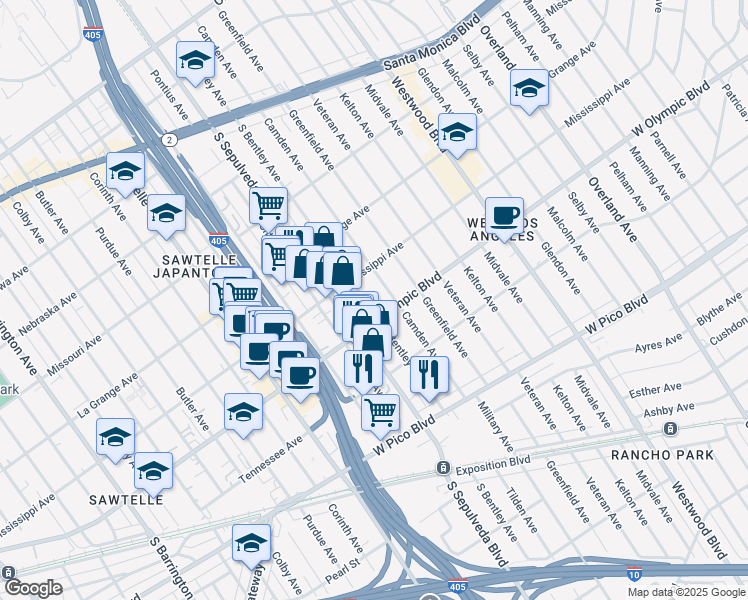 map of restaurants, bars, coffee shops, grocery stores, and more near 2134 South Bentley Avenue in Los Angeles