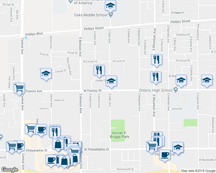 map of restaurants, bars, coffee shops, grocery stores, and more near 1400 West Francis Street in Ontario
