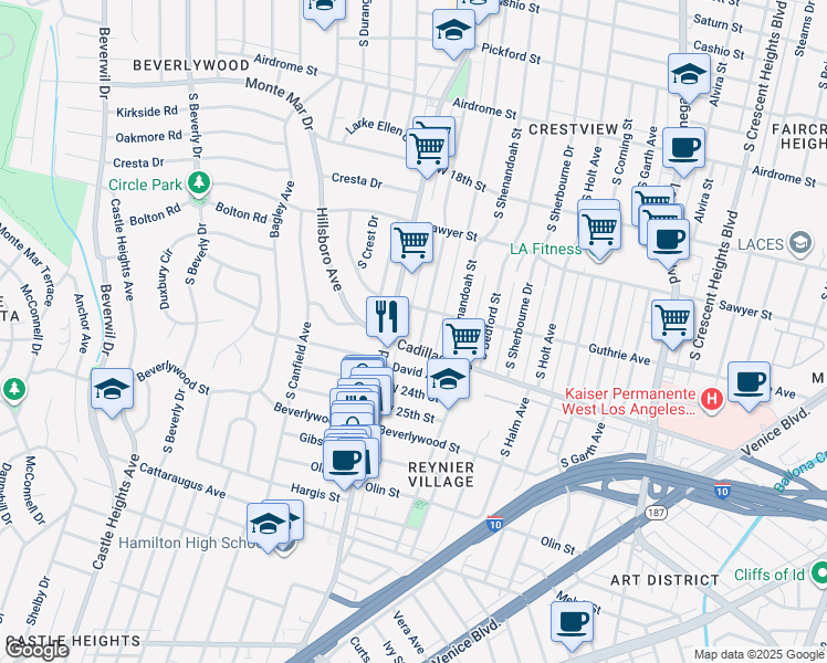 map of restaurants, bars, coffee shops, grocery stores, and more near 8939 Cadillac Avenue in Los Angeles