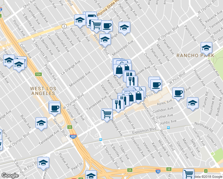 map of restaurants, bars, coffee shops, grocery stores, and more near 2249 Kelton Avenue in Los Angeles