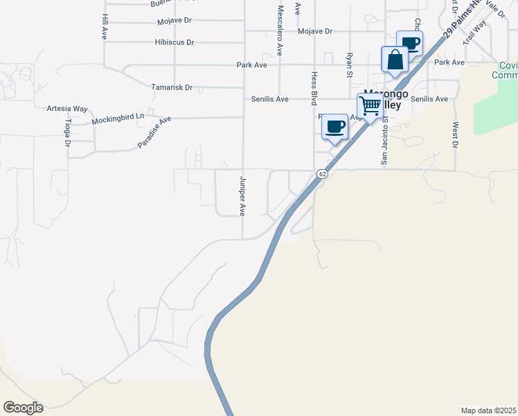 map of restaurants, bars, coffee shops, grocery stores, and more near 11646 Rosewood Avenue in Morongo Valley