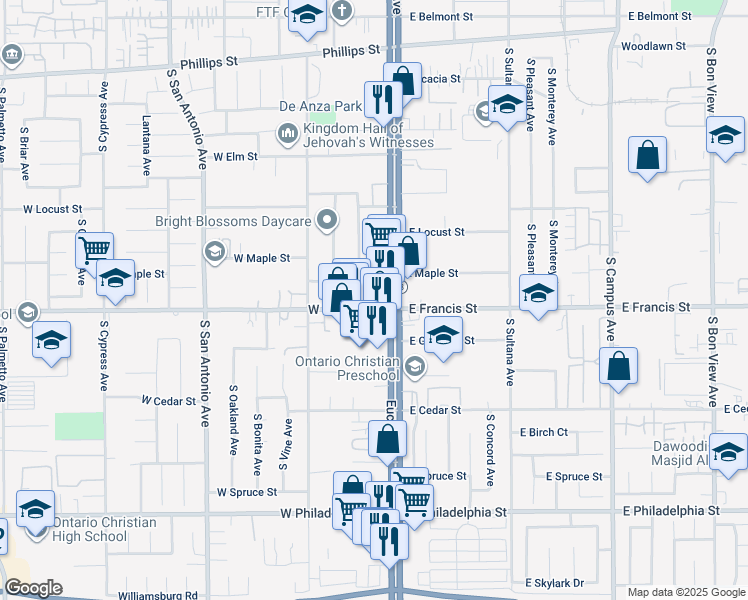 map of restaurants, bars, coffee shops, grocery stores, and more near 208 West Francis Street in Ontario