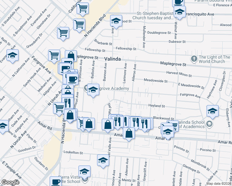 map of restaurants, bars, coffee shops, grocery stores, and more near 15727 Hayland Street in La Puente