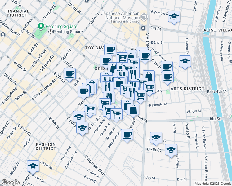map of restaurants, bars, coffee shops, grocery stores, and more near 555 Gladys Avenue in Los Angeles