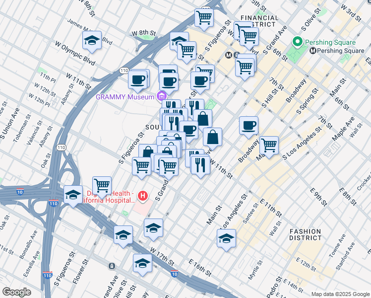map of restaurants, bars, coffee shops, grocery stores, and more near 1137 South Grand Avenue in Los Angeles