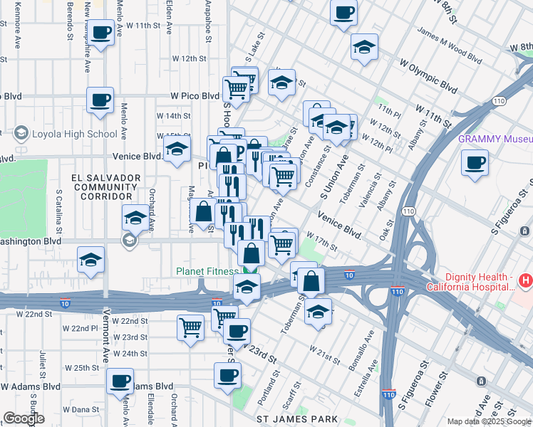 map of restaurants, bars, coffee shops, grocery stores, and more near 1800 South Bonnie Brae Street in Los Angeles